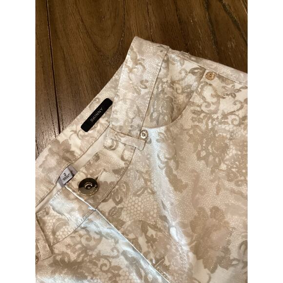 Cache Floral Lace Jacquard Print Skinny Jeans Gold/Off White lowrise Pants 2 - Picture 10 of 13